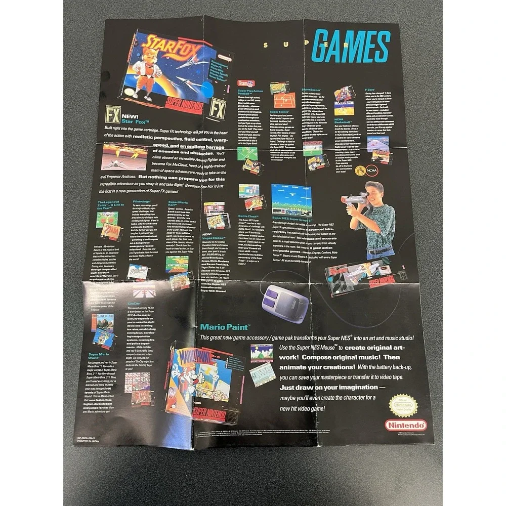 1993 Super Nintendo SNES Star Fox Power Club Poster Game Box Insert GP-SNS-USA-3